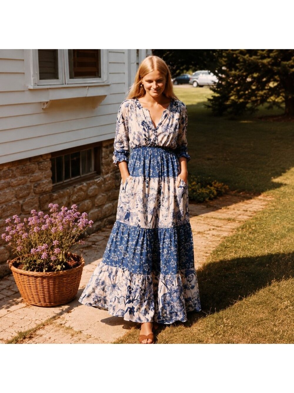 La Cera Blue Floral Maxi Dress Size L Boho Prairie Cottagecore Pockets